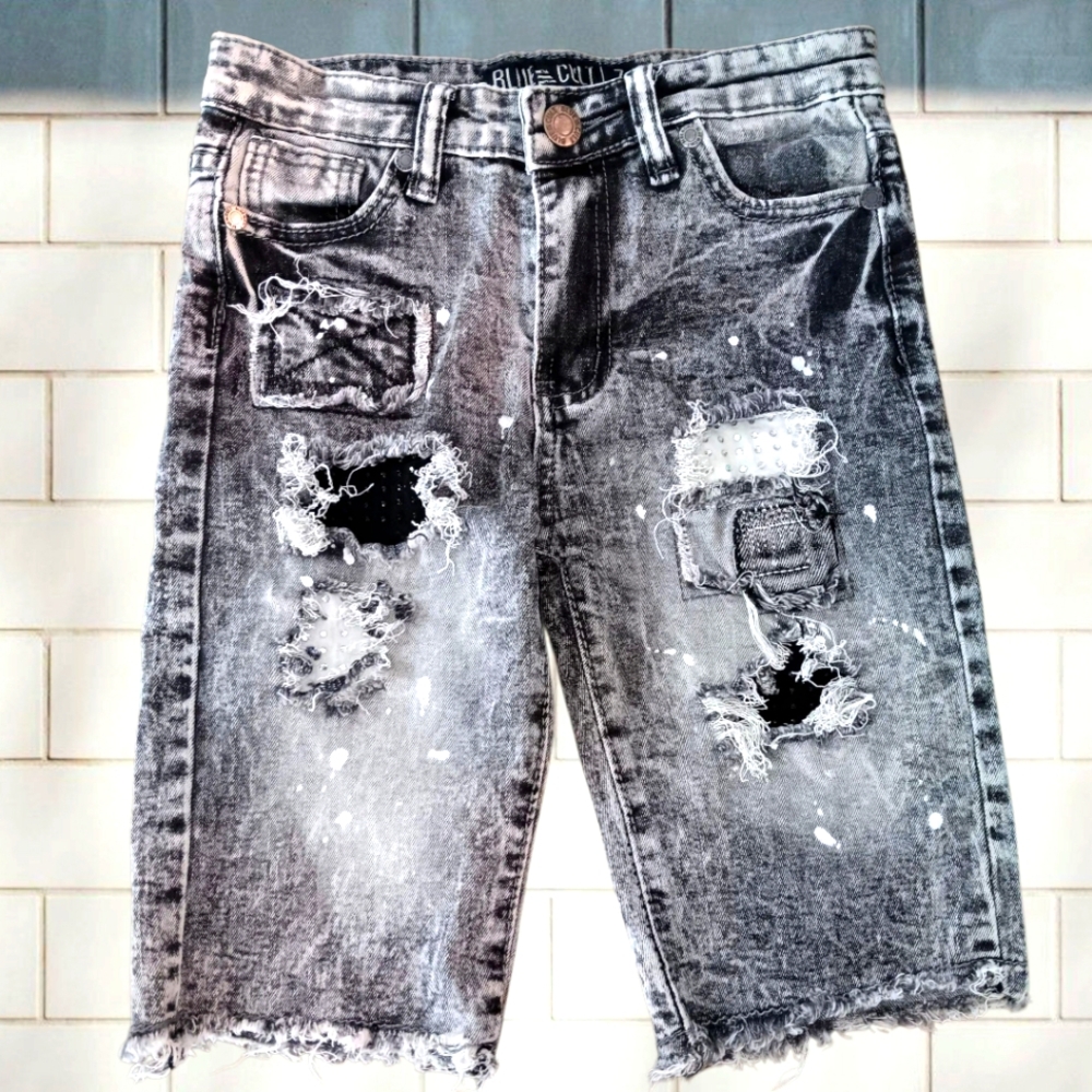 Boys Distressed Black and Gray Denim Shorts